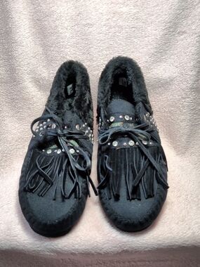 Montana West Black Fringe Moccasin with Studs and Beaded Trim